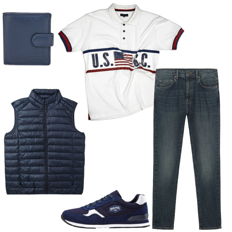 Outfit uomo - Sportivissimo me. Stile Casual per Tutti i giorni. Abbinamento con sneakers, piumini, portafogli, polo, jeans.
