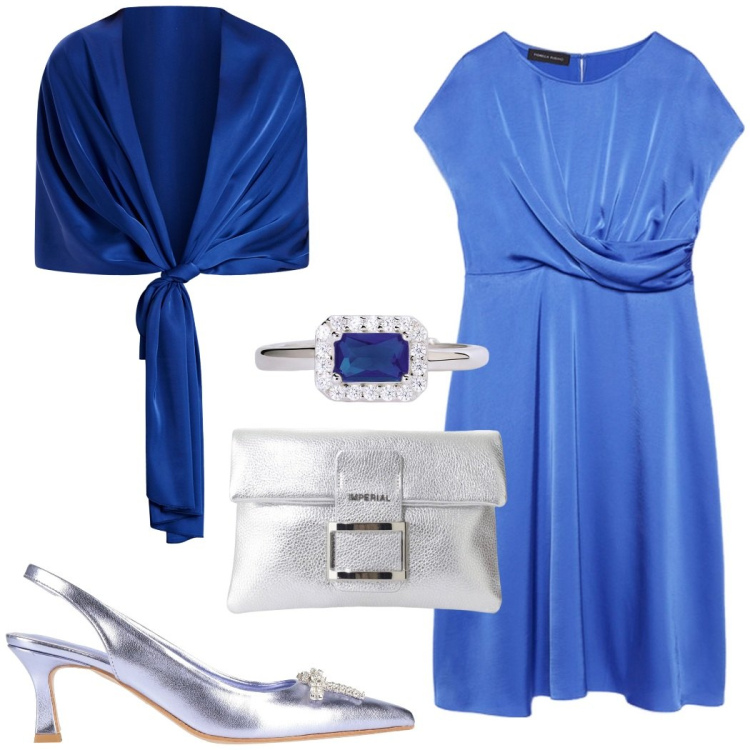 Outfit donna - Evento glamour. Stile Glamour per Cerimonia. Abbinamento con décolleté, anelli, stole, pochette, vestiti midi/longuette.