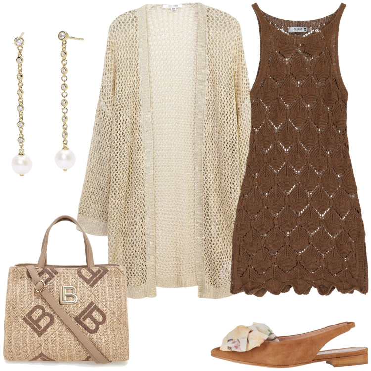 Outfit donna - Maxi cardigan e abito ricamato. Stile Casual chic per Tutti i giorni. Abbinamento con ballerine, kimono, orecchini, vestiti corti, borse a tracolla.