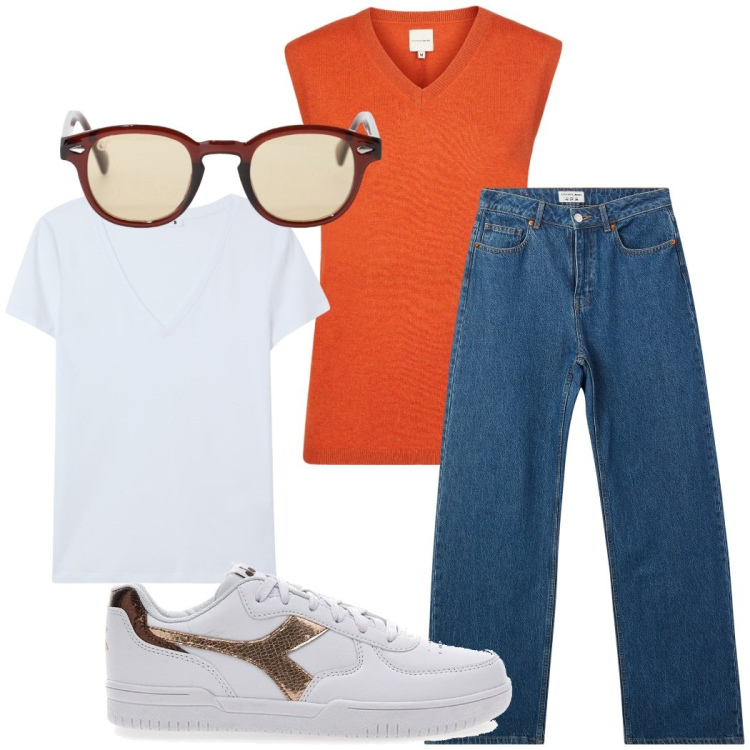 Outfit donna - Urban style. Stile Casual per Tutti i giorni. Abbinamento con t-shirt, jeans, occhiali da sole, sneakers, maglieria.