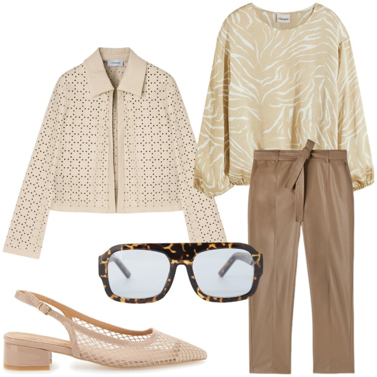 Outfit donna - Domenica in famiglia. Stile Casual chic per Tutti i giorni. Abbinamento con bluse, occhiali da sole, décolleté, blazer, pantaloni.