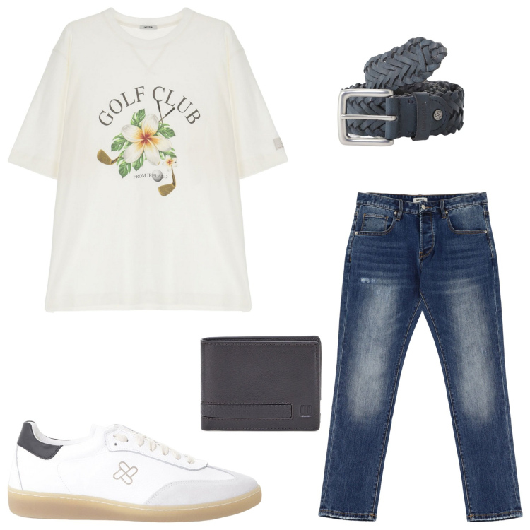 Outfit uomo - Casual style. Stile Casual per Tutti i giorni. Abbinamento con t-shirt, cinture, sneakers, jeans dritti, portafogli.