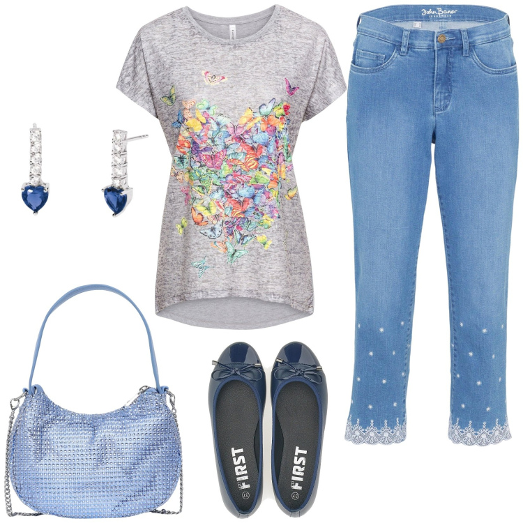 Outfit donna - Basic. Stile Basic per Tutti i giorni. Abbinamento con jeans dritti, t-shirt, borse a spalla, orecchini, ballerine.
