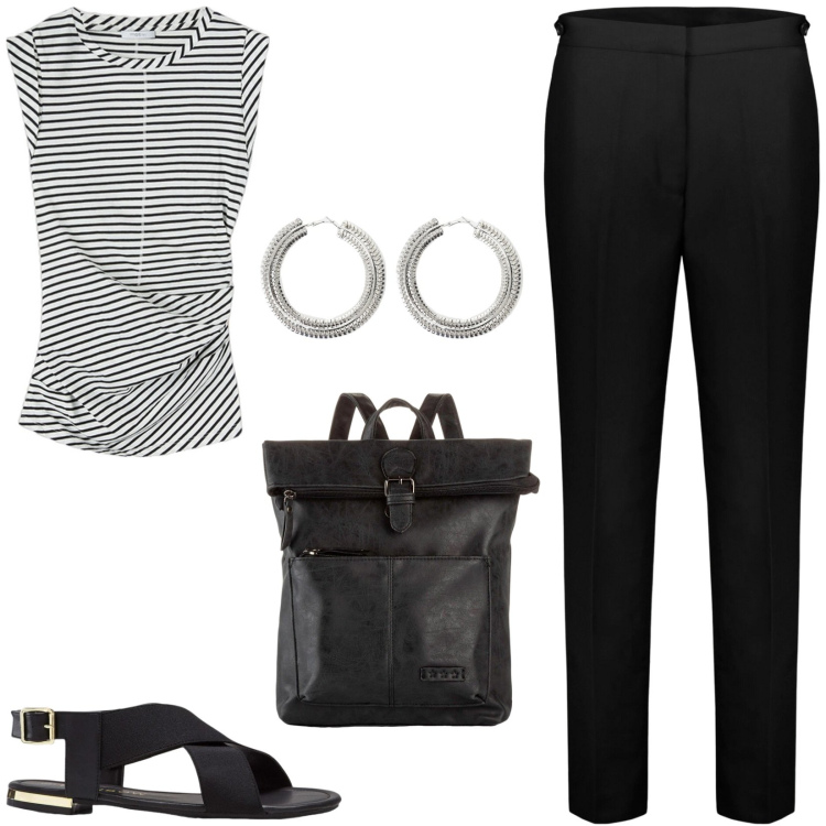 Outfit donna - Giornata all\'università. Stile Casual per Scuola/Università. Abbinamento con sandali, zaini, orecchini, pantaloni, top.