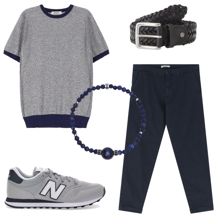 Outfit uomo - In ufficio. Stile Urban per Ufficio. Abbinamento con braccialetti, pantaloni chino, cinture, maglieria, sneakers.