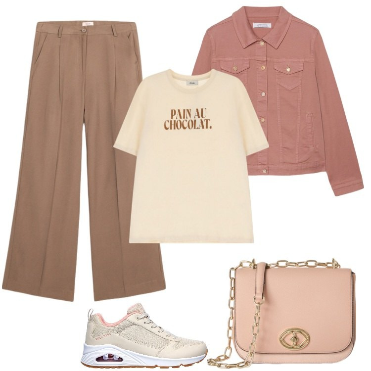 Outfit donna - "Pain au chocolat". Stile Basic per Tutti i giorni. Abbinamento con t-shirt, sneakers, blazer, pantaloni a palazzo, borse a tracolla.