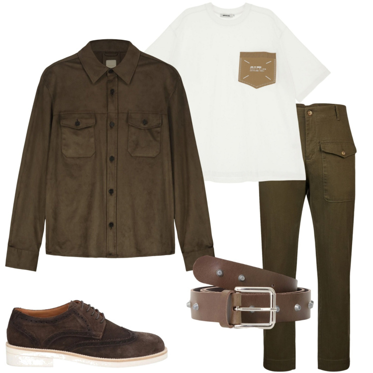 Outfit uomo - Serata con amici. Stile Trendy per Serata speciale. Abbinamento con scarpe stringate, t-shirt, cinture, giacche, pantaloni.