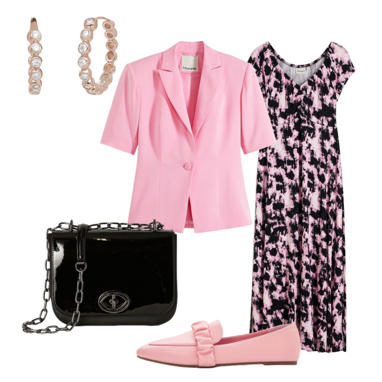 Outfit donna - Cerimonia primaverile. Stile Chic per Cerimonia. Abbinamento con blazer, mocassini, vestiti midi/longuette, orecchini, borse a tracolla.
