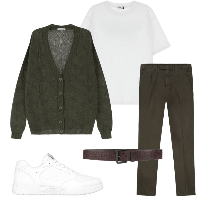 Outfit uomo - Verde scuro. Stile Urban per Tutti i giorni. Abbinamento con cinture, cardigans, t-shirt, pantaloni, sneakers.