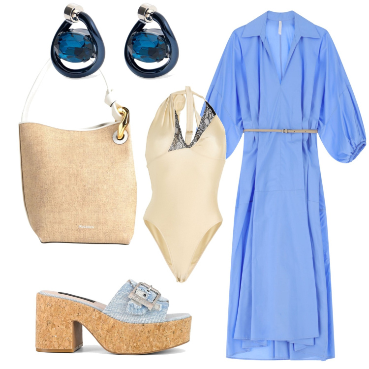 Outfit donna - Quasi estate. Stile Etnico per Tutti i giorni. Abbinamento con borse a mano, body, vestiti lunghi, sandali, orecchini.