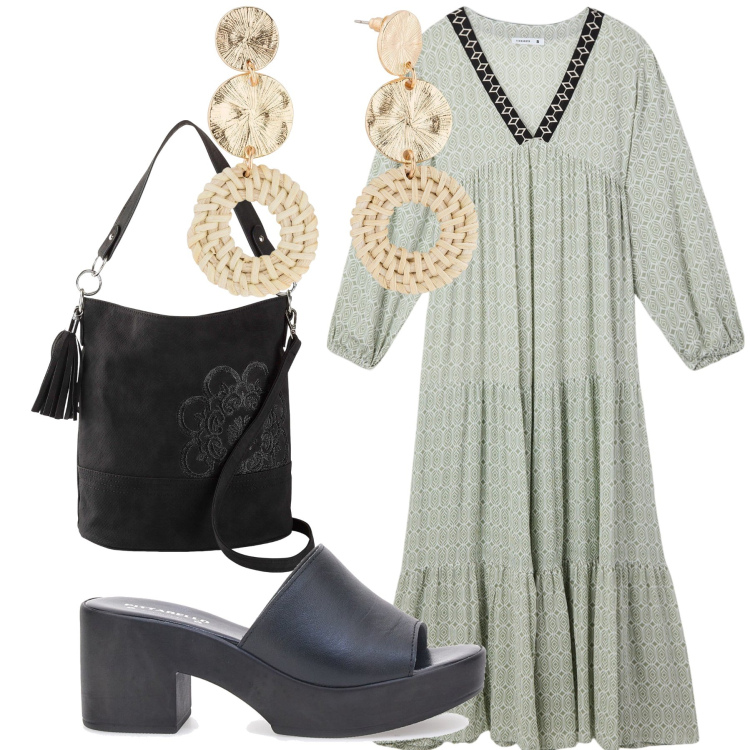 Outfit donna - Boho a spasso. Stile Etnico per Tutti i giorni. Abbinamento con orecchini, borse a mano, vestiti lunghi, zoccoli.
