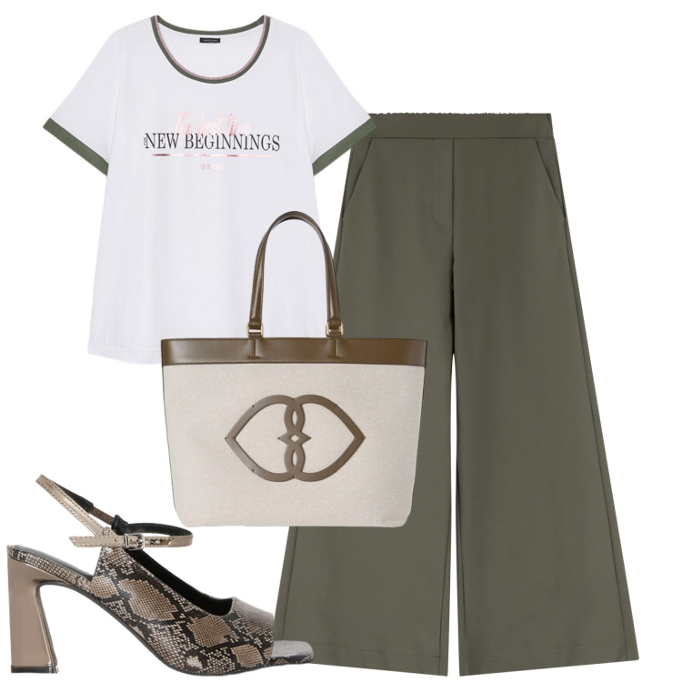 Outfit donna - City. Stile Urban per Tutti i giorni. Abbinamento con pantaloni, t-shirt, sandali col tacco, shopping bag.