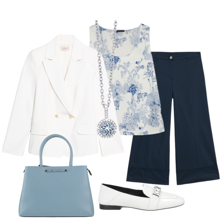 Outfit donna - L’elegante tailleur…spezzato. Stile Chic per Cerimonia. Abbinamento con borse a mano, mocassini, collane, top, blazer, pantaloni a palazzo.