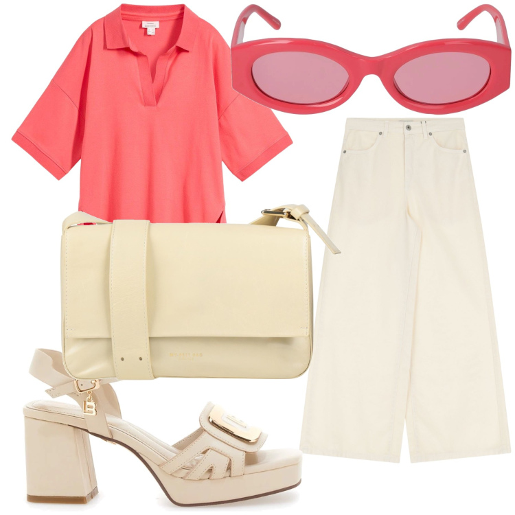 Outfit donna - Total look. Stile Urban per Tutti i giorni. Abbinamento con polo, borse a tracolla, jeans, sandali col tacco, occhiali da sole.
