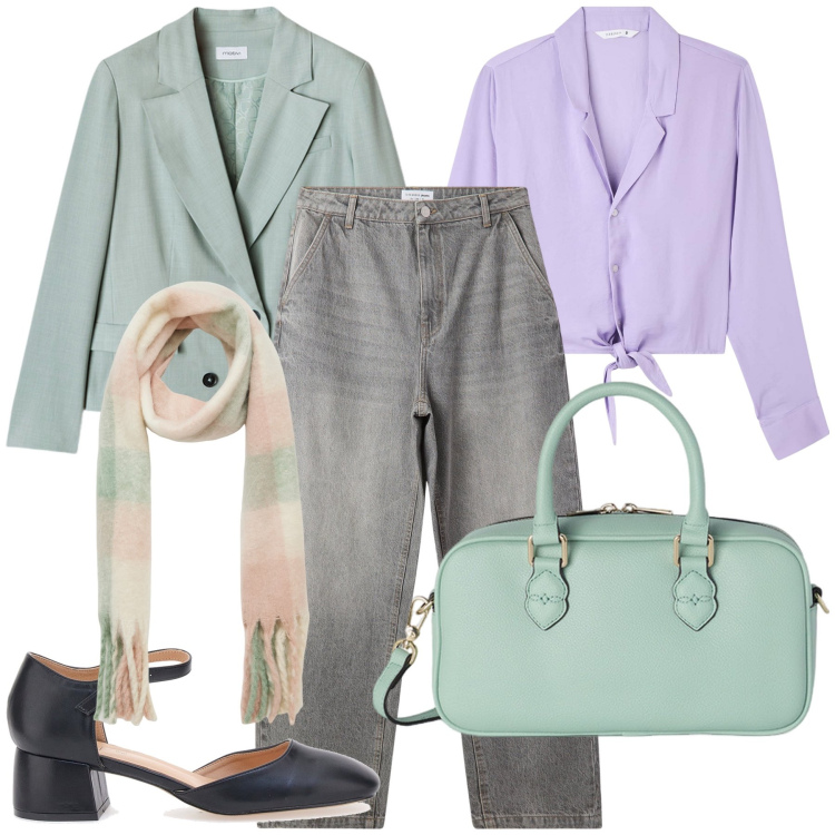 Outfit donna - Total look. Stile Urban per Ufficio. Abbinamento con camicie, sciarpe, jeans, décolleté, blazer, borse a mano.