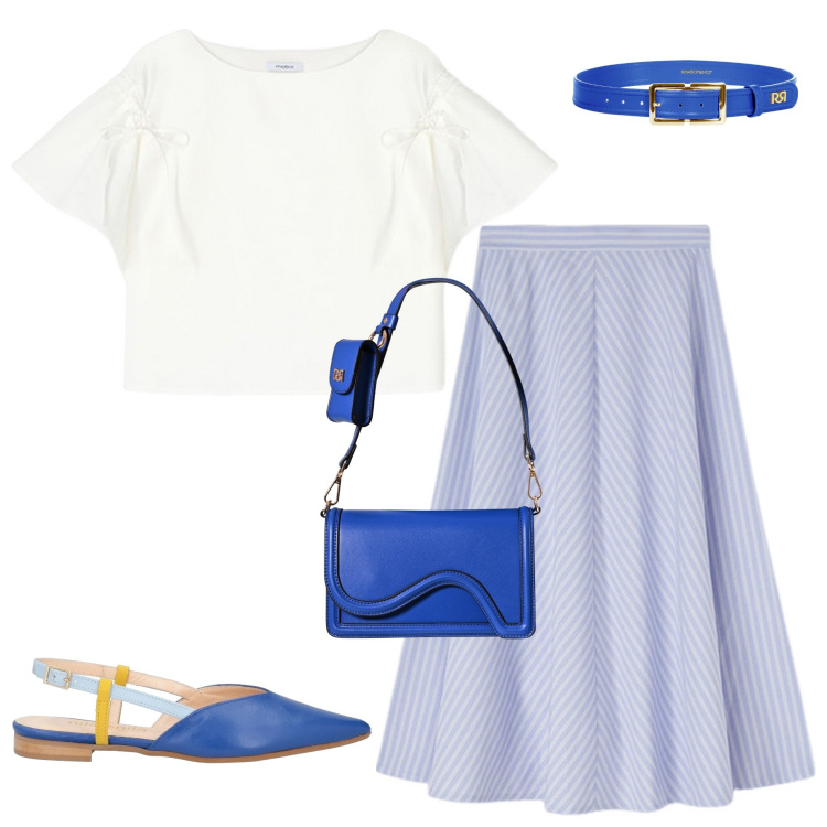Outfit donna - Accessori blu elettrico. Stile Bon Ton per Serata fuori. Abbinamento con ballerine, pochette, cinture, gonne longuette, bluse.