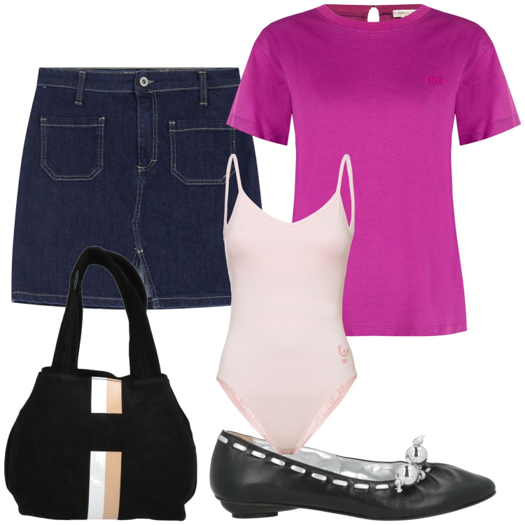 Outfit donna - Mini di jeans. Stile Trendy per Tutti i giorni. Abbinamento con ballerine, borse a mano, t-shirt, minigonne, body.