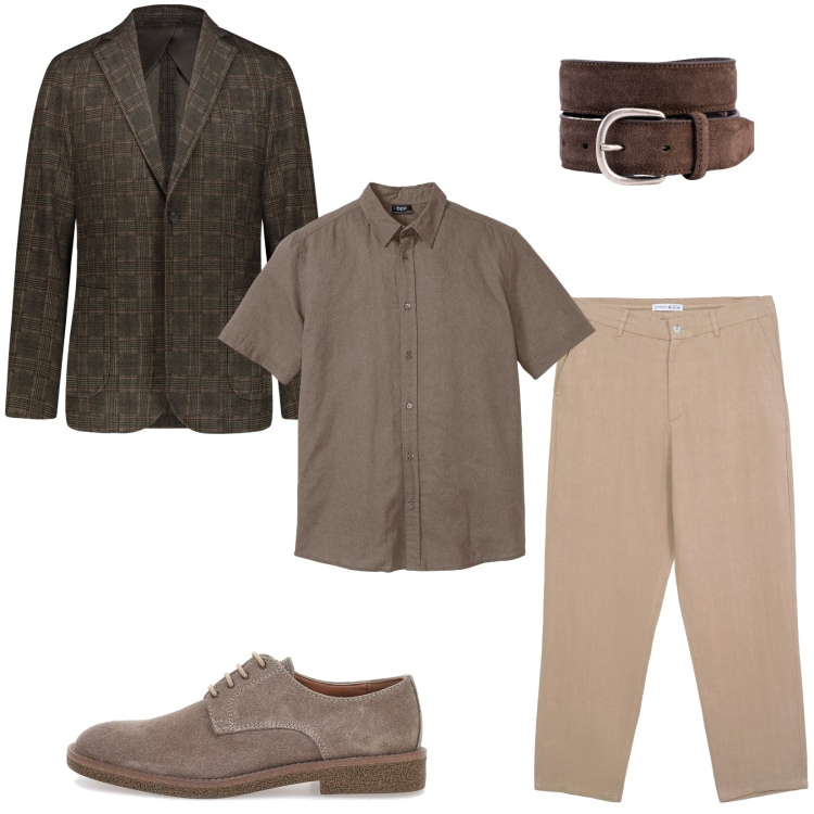 Outfit uomo - Mr Brown. Stile Business/Elegante per Ufficio. Abbinamento con camicie a manica corta, pantaloni chino, giacche, cinture, scarpe stringate.