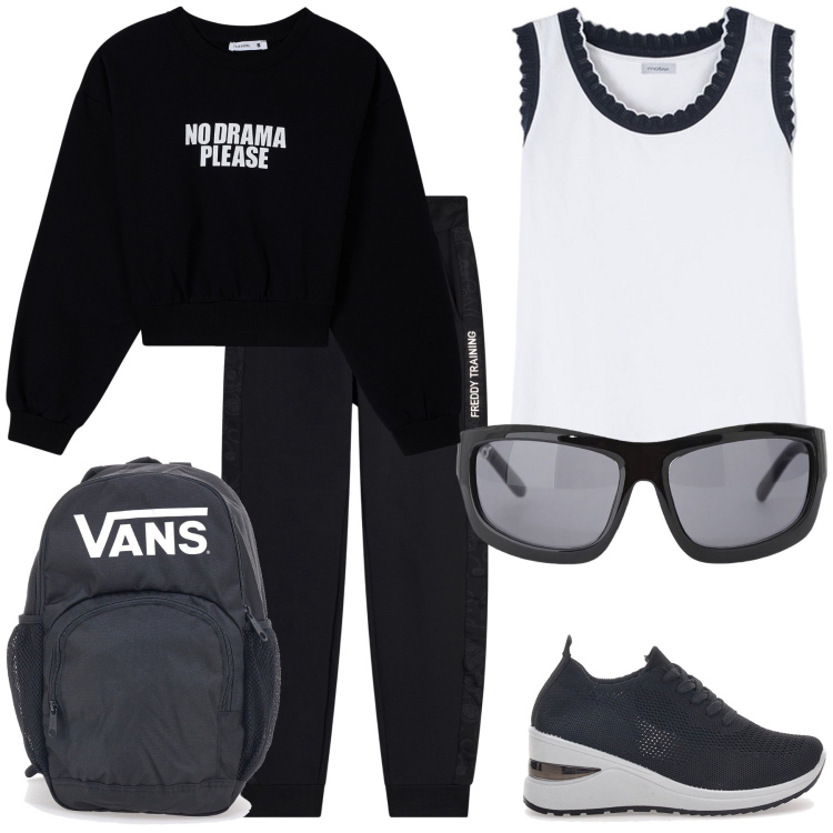 Outfit donna - Total look. Stile Basic per Tutti i giorni. Abbinamento con felpe, occhiali da sole, pantaloni, sneakers, zaini, top.