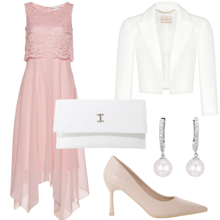 Outfit donna - Cerimonia romantica. Stile Romantica per Cerimonia. Abbinamento con vestiti midi/longuette, orecchini, bolero, décolleté, borse a tracolla.
