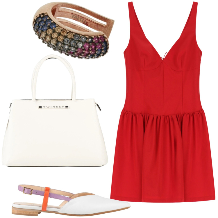 Outfit donna - Aperitivo in abito rosso. Stile Bon Ton per Serata fuori. Abbinamento con ballerine, borse a mano, vestiti corti, orecchini.