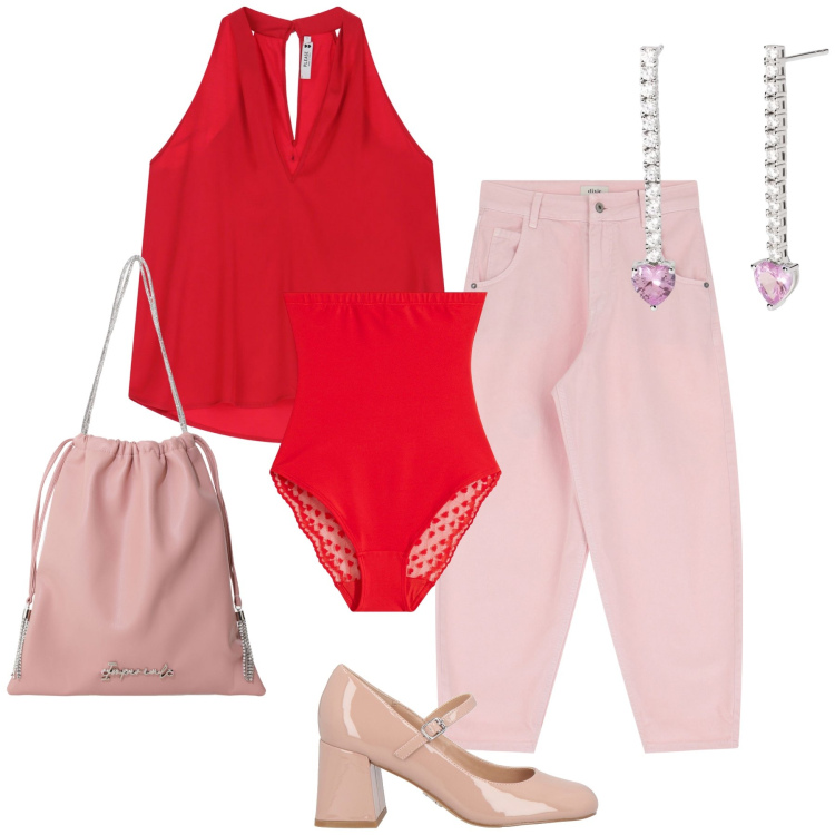 Outfit donna - Cena con lui. Stile Glamour per Serata fuori. Abbinamento con culotte, décolleté, orecchini, top, borse a secchiello, jeans.