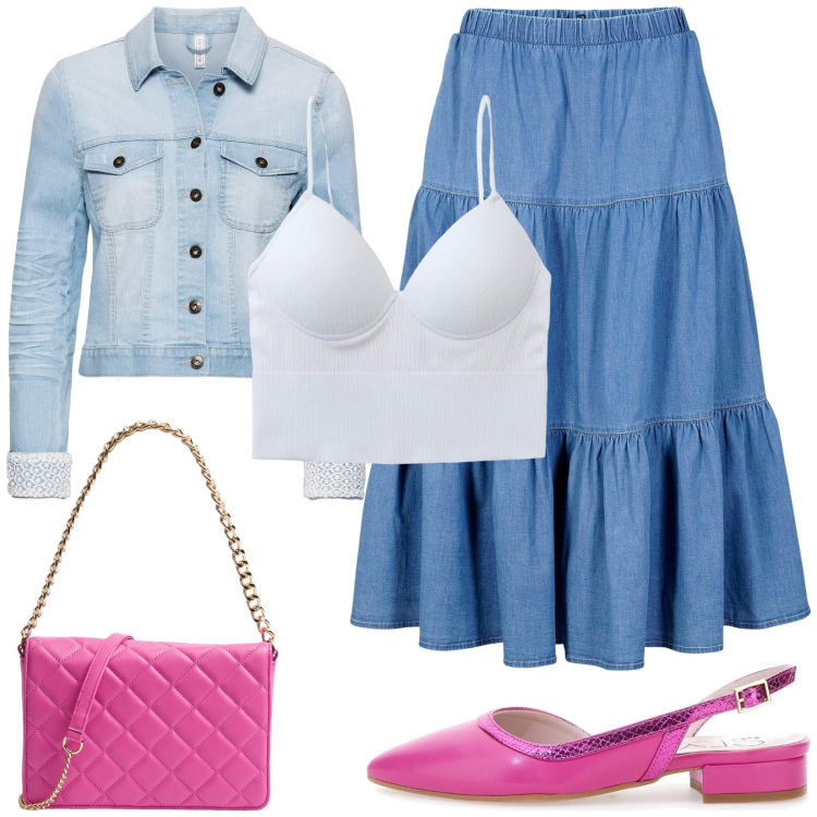 Outfit donna - Fuxia e azzurro. Stile Casual per Tutti i giorni. Abbinamento con gonne longuette, blazer, top, borse a tracolla, ballerine.