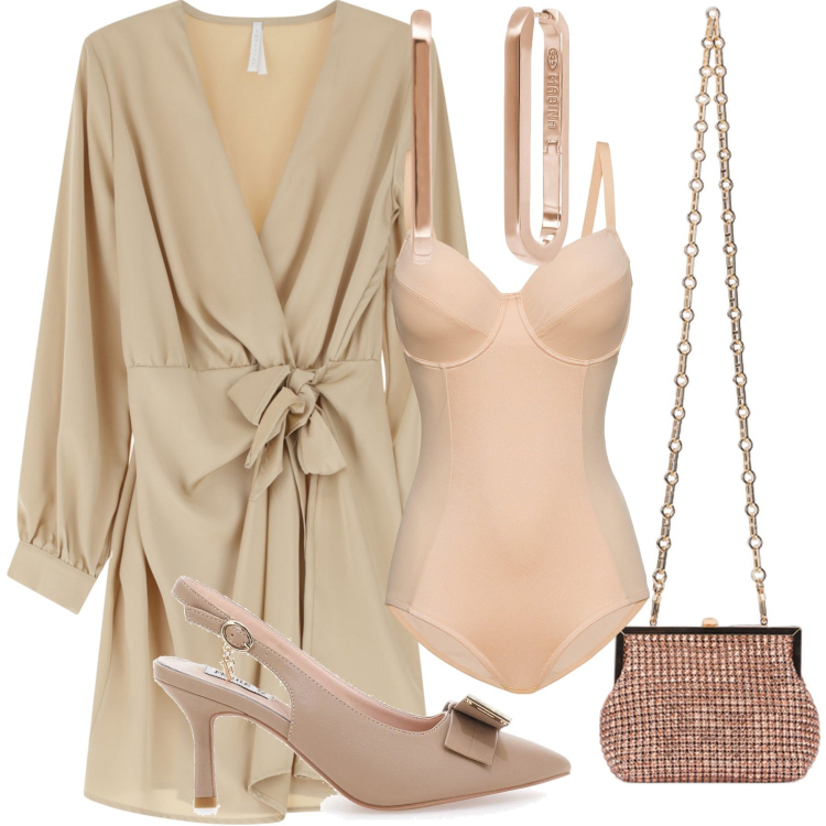 Outfit donna - Invitata a matrimonio civile. Stile Bon Ton per Cerimonia. Abbinamento con body, orecchini, vestiti corti, décolleté, clutch.