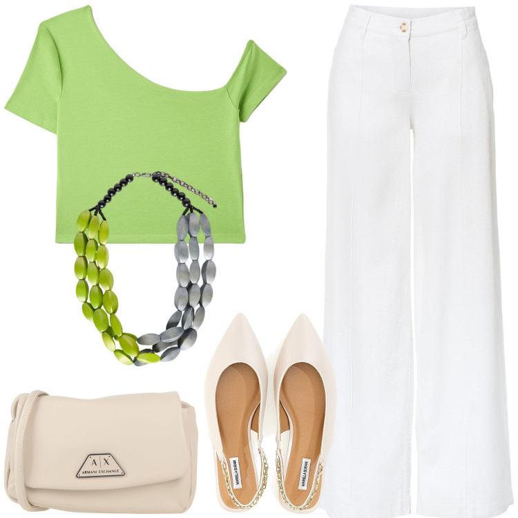 Outfit donna - Dettagli di stile. Stile Casual chic per Tutti i giorni. Abbinamento con pantaloni a palazzo, borse a tracolla, t-shirt, ballerine, collane.