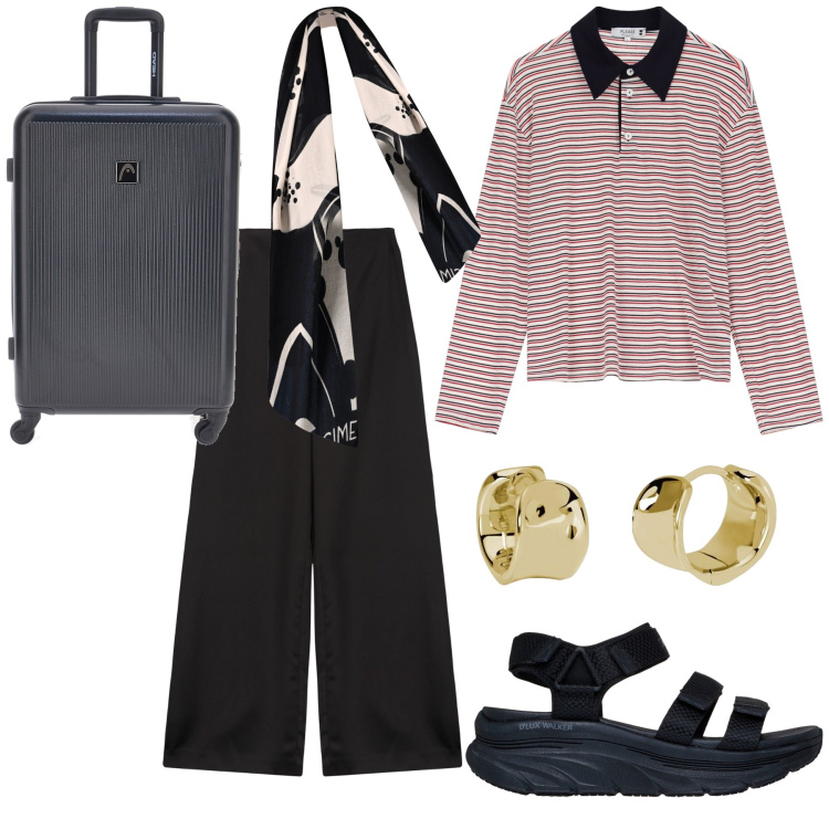 Outfit donna - Ritorno dal viaggio. Stile Casual chic per Tutti i giorni. Abbinamento con orecchini, sciarpe, maglieria, sandali col tacco, pantaloni a palazzo, valigie.