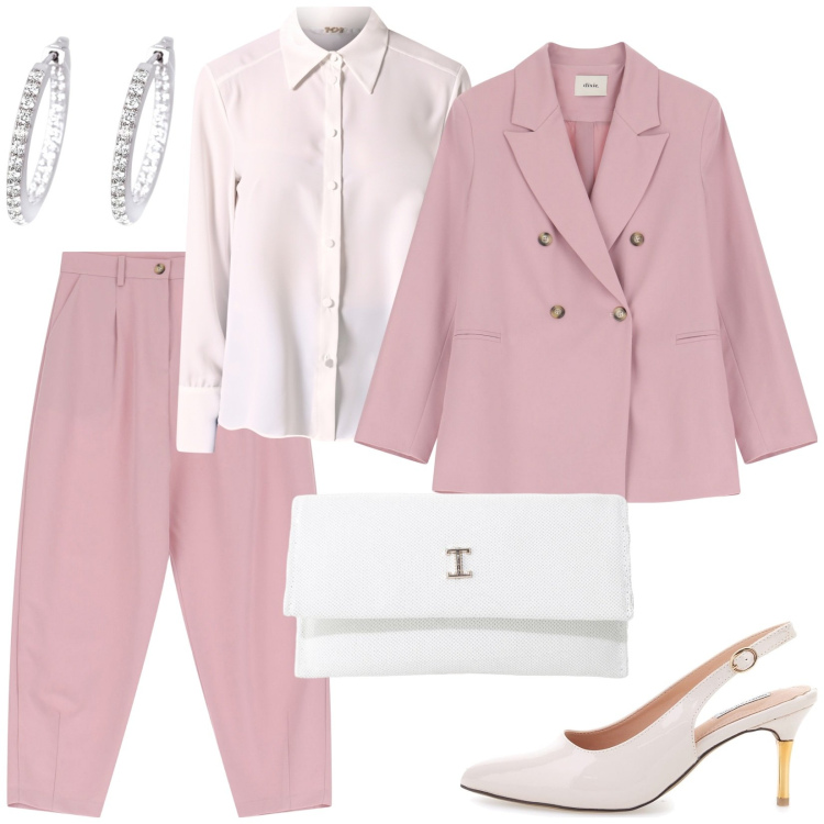 Outfit donna - Cerimonia in tailleur rosa. Stile Bon Ton per Cerimonia. Abbinamento con orecchini, camicie, borse a tracolla, blazer, pantaloni, décolleté.