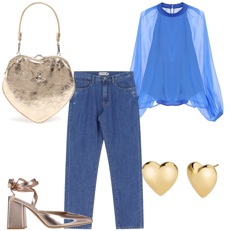 Outfit donna - Cuori in jeans. Stile Glamour per Serata fuori. Abbinamento con décolleté, orecchini, jeans dritti, camicie, pochette.
