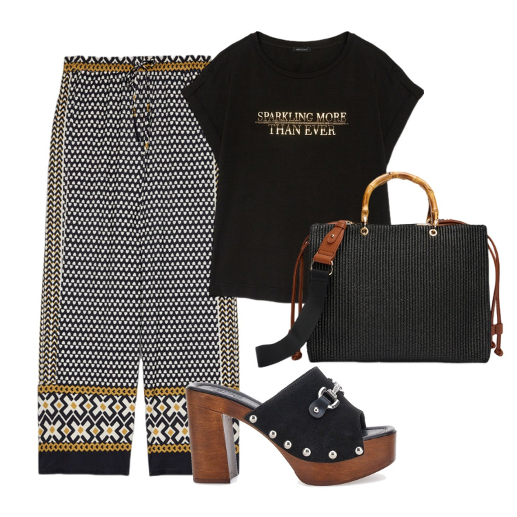 Outfit donna - Pantaloni stampa tribal. Stile Casual chic per Ufficio. Abbinamento con zoccoli, t-shirt, pantaloni, borse a mano.