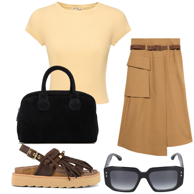 Outfit donna - Domenica pomeriggio. Stile Trendy per Tutti i giorni. Abbinamento con sandali, maglieria, gonne longuette, occhiali da sole, borse a mano.