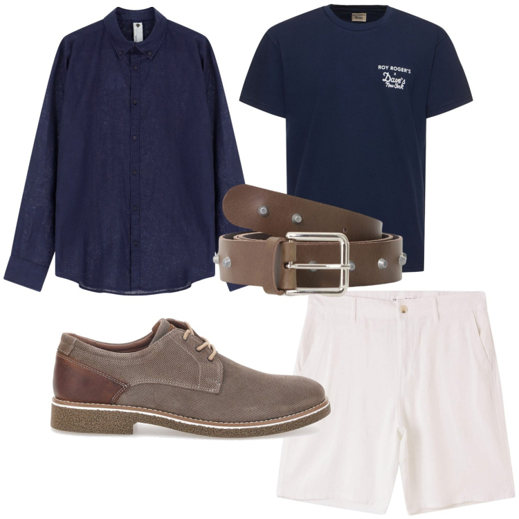 Outfit uomo - Smart layering di mezza stagione. Stile Trendy per Tutti i giorni. Abbinamento con pantaloni corti, camicie, cinture, scarpe stringate, t-shirt.