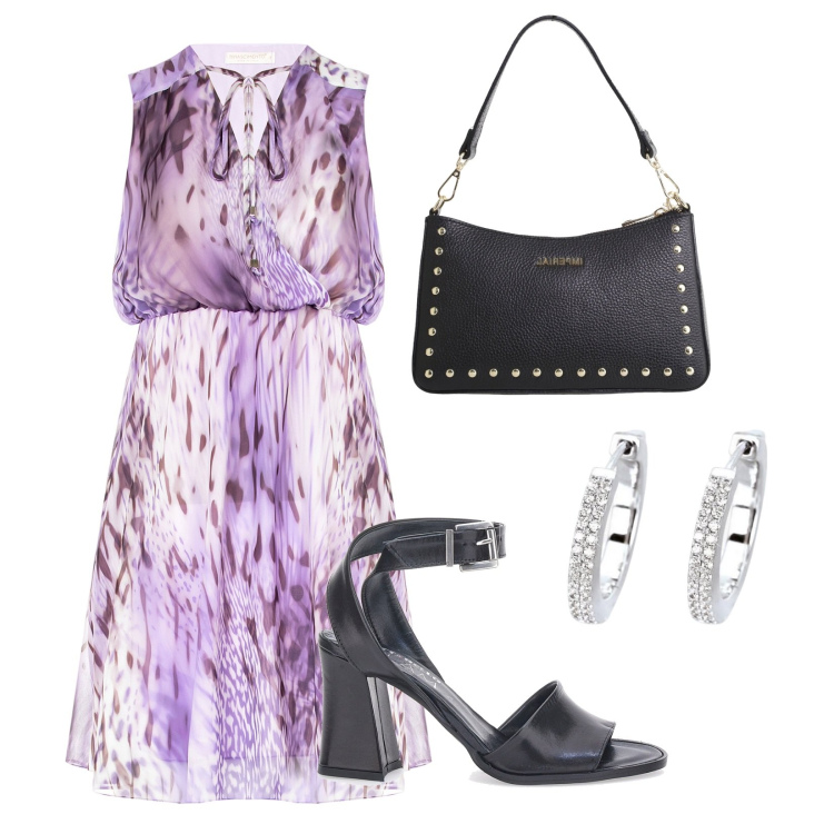 Outfit donna - Abito a Ruota Stampa Animalier. Stile Chic per Ufficio. Abbinamento con borse a spalla, orecchini, vestiti senza maniche, sandali in pelle.