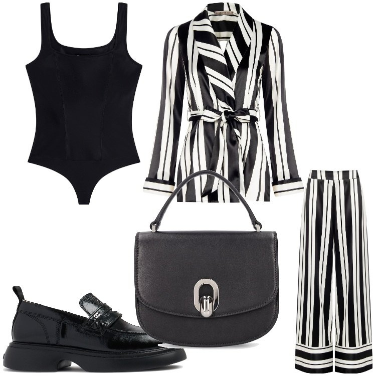 Outfit donna - Mi metto in riga. Stile Casual chic per Ufficio. Abbinamento con pantaloni a palazzo, blazer, body, mocassini, borse a mano.