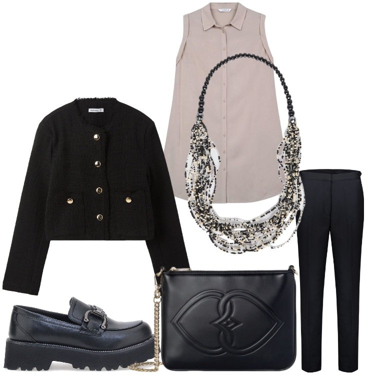 Outfit donna - Non interroghi, prof. Stile Casual chic per Scuola/Università. Abbinamento con blazer, camicie, pantaloni, collane, pochette, mocassini.
