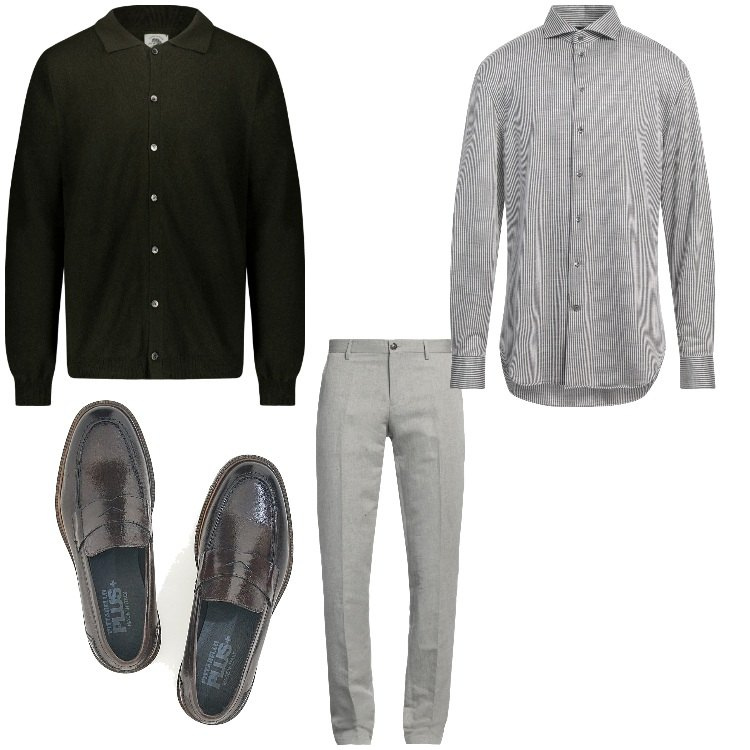 Outfit uomo - L´eleganza del grigio. Stile Business/Elegante per Serata speciale. Abbinamento con pantaloni chino, camicie, polo, scarpe stringate.