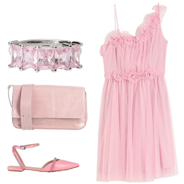 Outfit donna - Total look #2122973. Stile Glamour per Cerimonia. Abbinamento con vestiti asimmetrici, borse a tracolla, ballerine, anelli.