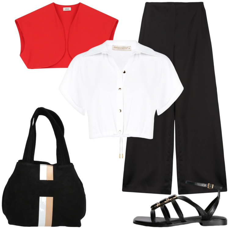 Outfit donna - Il mini gilet rosso. Stile Casual chic per Tutti i giorni. Abbinamento con borse a mano, camicie a manica corta, gilet, pantaloni a palazzo, sandali gioiello.