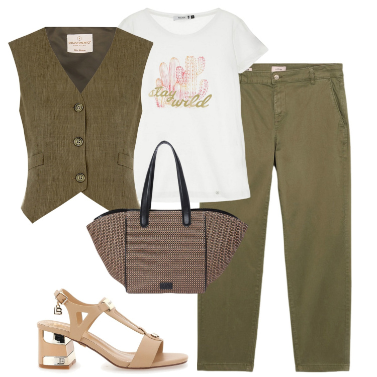 Outfit donna - City. Stile Trendy per Tutti i giorni. Abbinamento con gilet, t-shirt, sandali col tacco, pantaloni chino, shopping bag.