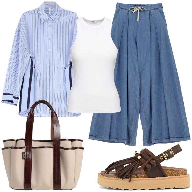 Outfit donna - Sportiva di giorno. Stile Casual per Tutti i giorni. Abbinamento con borse a mano, camicie, jeans, sandali, canottiere.