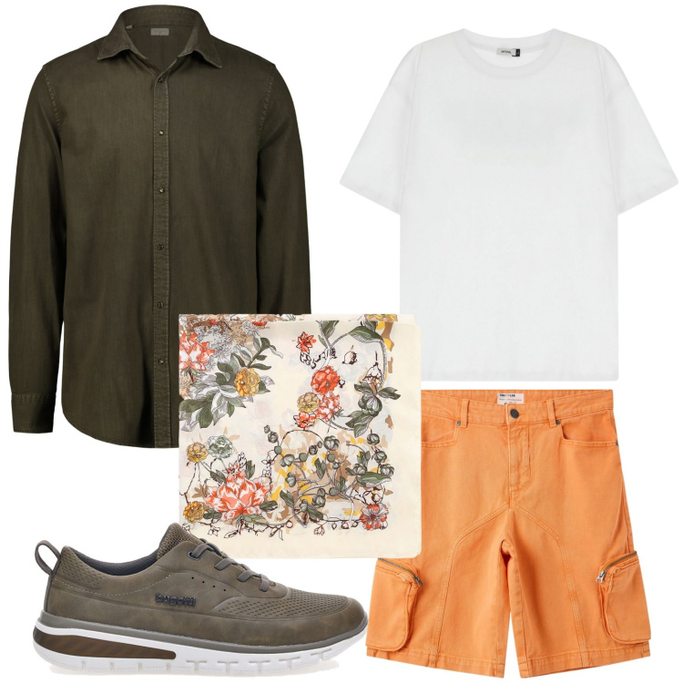 Outfit uomo - Bermuda pesca. Stile Casual per Tutti i giorni. Abbinamento con pantaloni corti, t-shirt, sciarpe e foulard, sneakers, camicie.