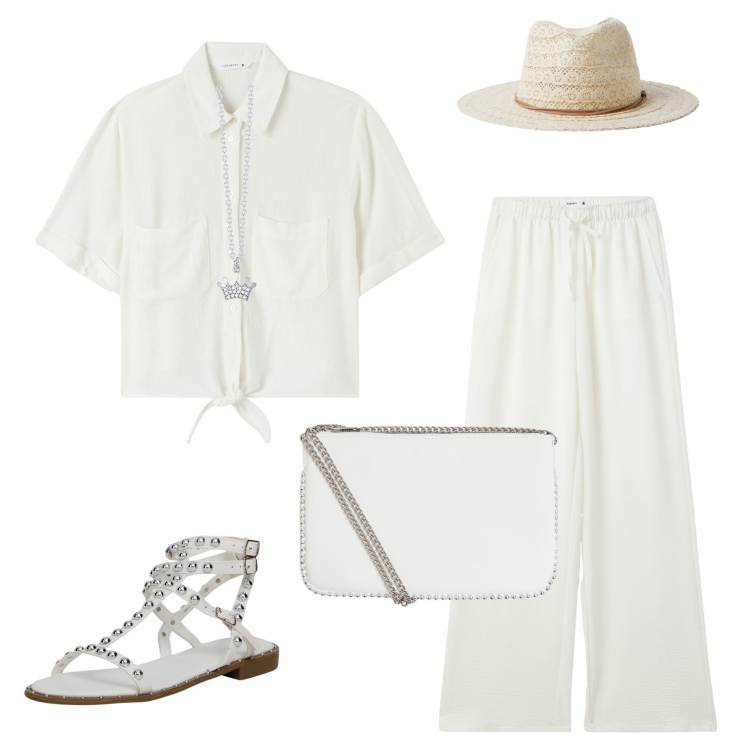 Outfit donna - New collection Terranova. Stile Casual chic per Tutti i giorni. Abbinamento con pantaloni, camicie a manica corta, sandali, borse a tracolla, cappelli, collane.