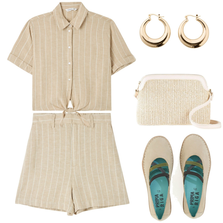 Outfit donna - Tutto color sabbia. Stile Casual per Tutti i giorni. Abbinamento con borse a tracolla, orecchini, bermuda, camicie a manica corta, ballerine.
