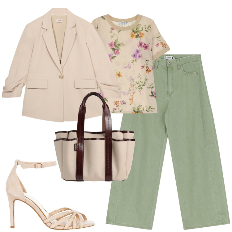 Outfit donna - City. Stile Urban per Tutti i giorni. Abbinamento con borse a mano, sandali col tacco, pantaloni a palazzo, t-shirt, blazer.