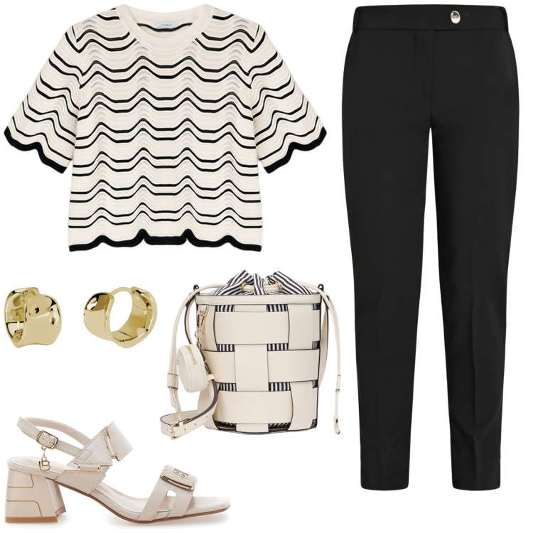 Outfit donna - Elegante in ufficio. Stile Casual chic per Ufficio. Abbinamento con orecchini, pantaloni, sandali col tacco, maglieria, borse a secchiello.