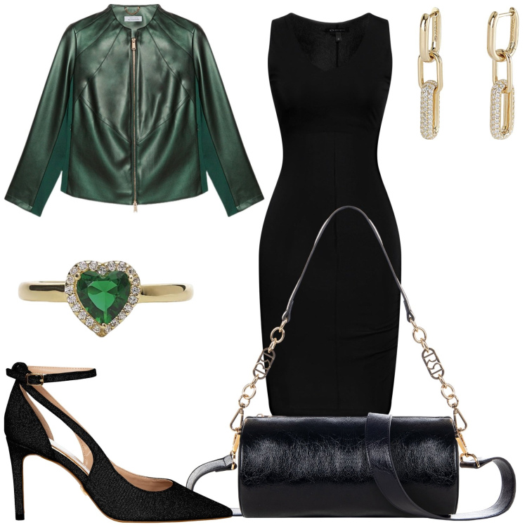 Outfit donna - Serata glamour. Stile Glamour per Serata fuori. Abbinamento con vestiti midi/longuette, orecchini, anelli, décolleté, borse a mano, blazer.