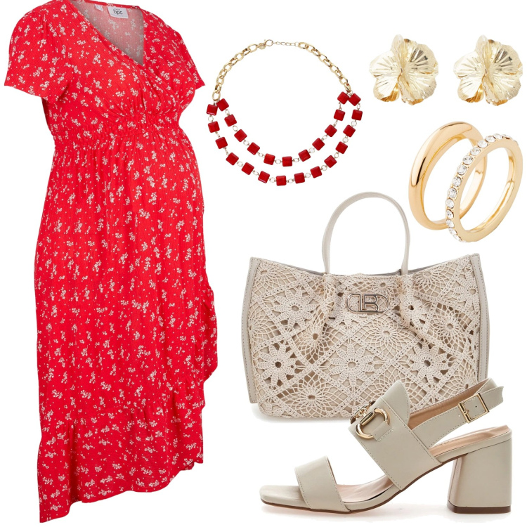 Outfit donna - Dolce attesa in Rosso. Stile Basic per Tutti i giorni. Abbinamento con vestiti asimmetrici, anelli, collane, orecchini, sandali col tacco, borse a tracolla.